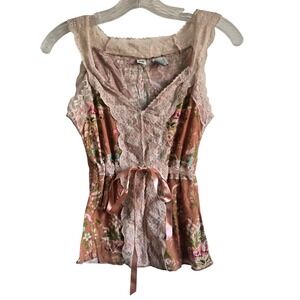 Anthropologie XS Lace Trim Floral Tank Top Womens Rust Pink Boho Ribbon Tie Cami